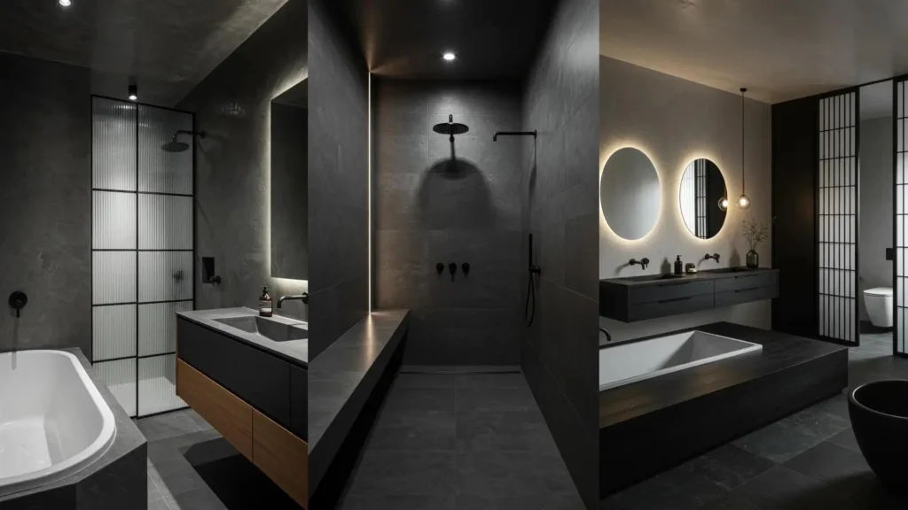 Three moody black and white bathroom designs showcasing matte finishes and ambient lighting.