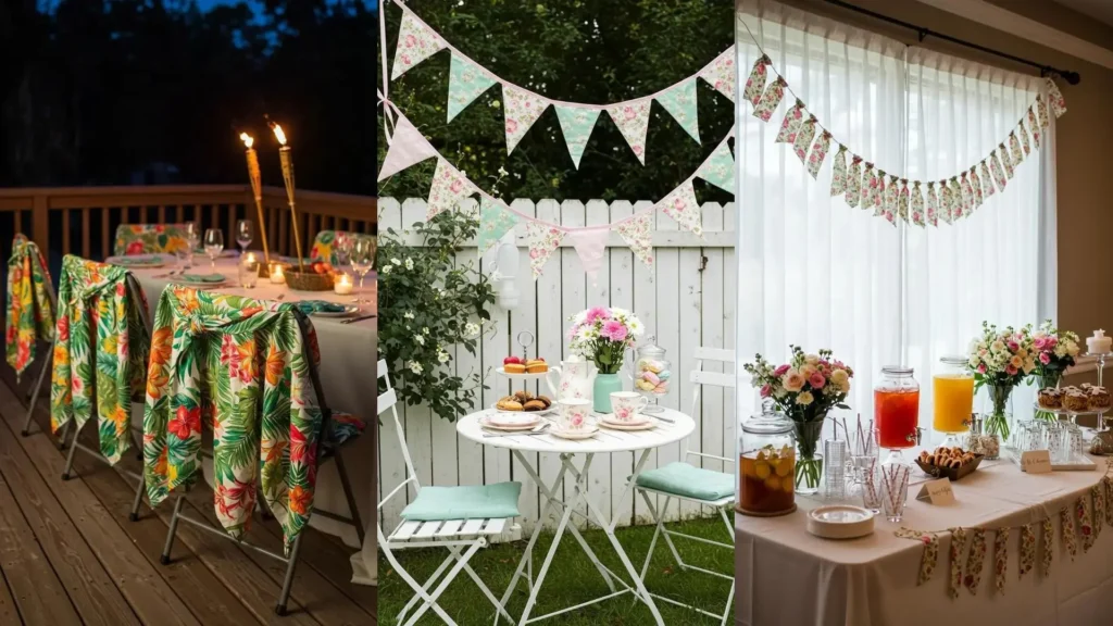 Colorful no-sew fabric chair covers, floral bunting, and garlands adding charm to DIY party decor.
