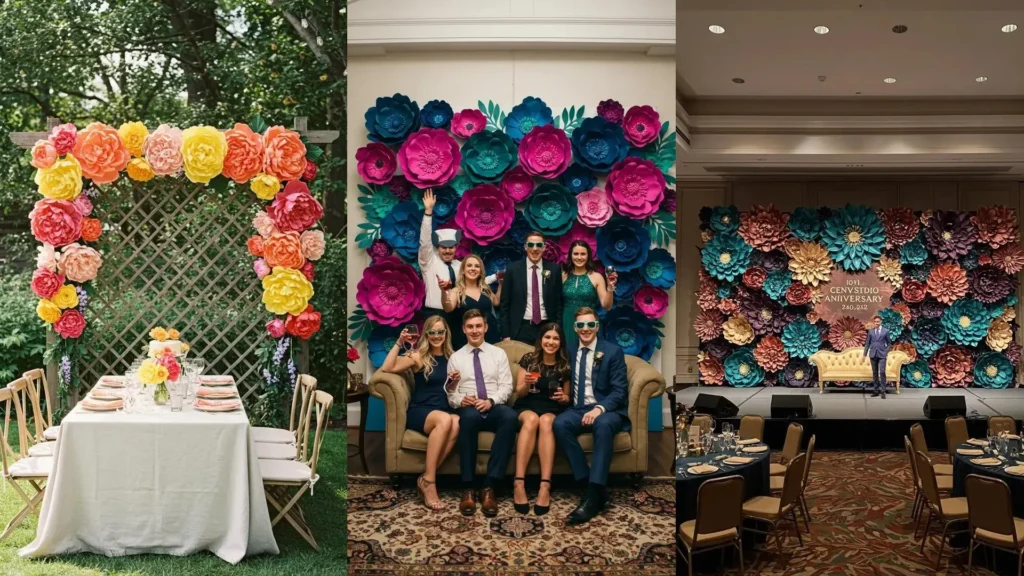 Vibrant oversized paper flower backdrops for parties, including garden arbors, photo booths, and event stages.