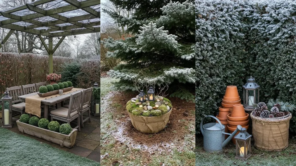 Rustic garden corners with frosty plants, burlap planters, and glowing lanterns creating a cozy winter scene.