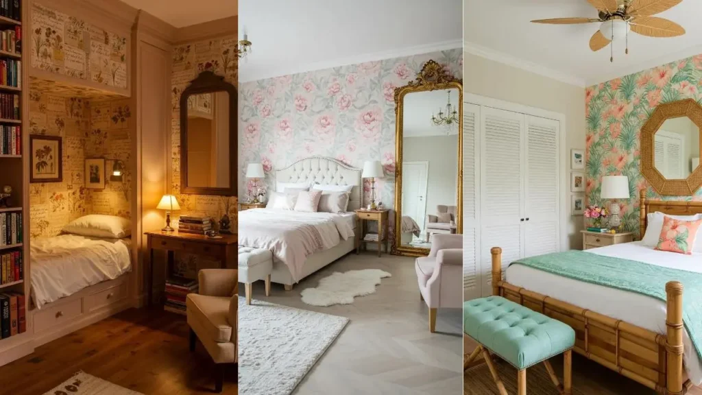 Three soft pastel romantic bedroom layouts with floral accent walls and elegant vintage mirrors.