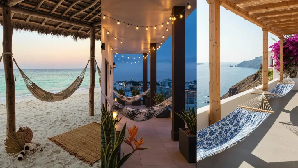Tropical leaf-printed hammocks suspended between rustic teak and modern pillars on beach and patio.