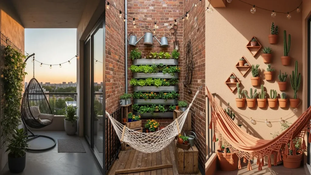 Urban jungle balconies with lush vertical planters, woven hammocks, and Edison string lights creating relaxing spaces.