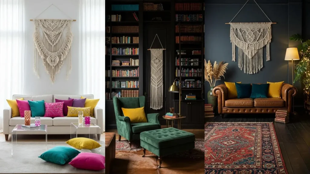 Vibrant boho-chic living rooms with macrame wall hangings and jewel-toned pillows creating cozy lounge spaces.