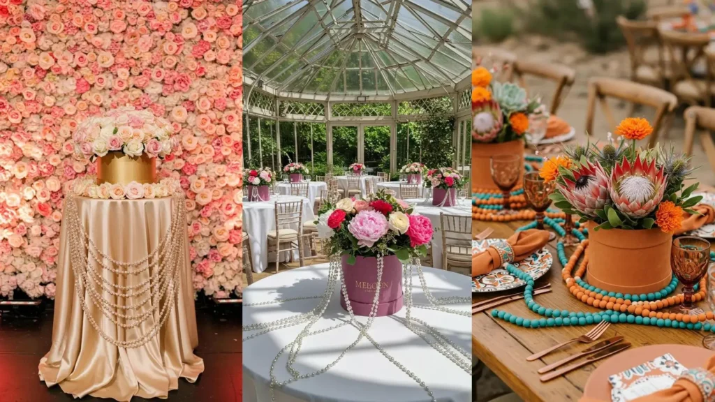 Assortment of vintage chic wedding floral hatbox centerpieces and sparkling bead garlands.