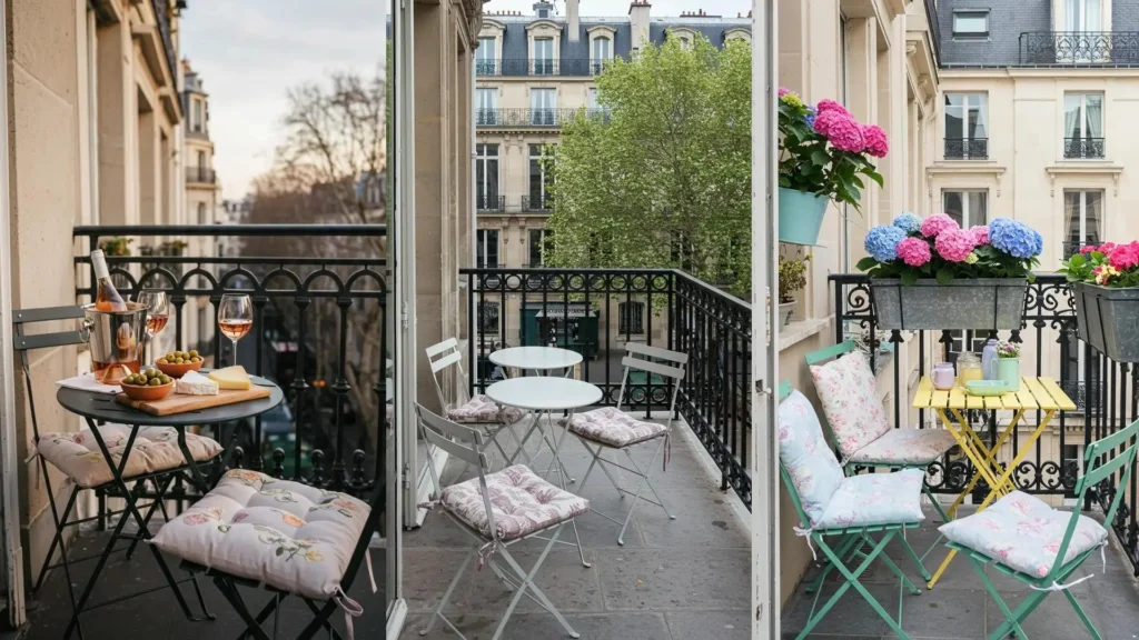 Vintage Parisian balconies with ornate ironwork, bistro chairs, pastel floral cushions, and vibrant flowers.