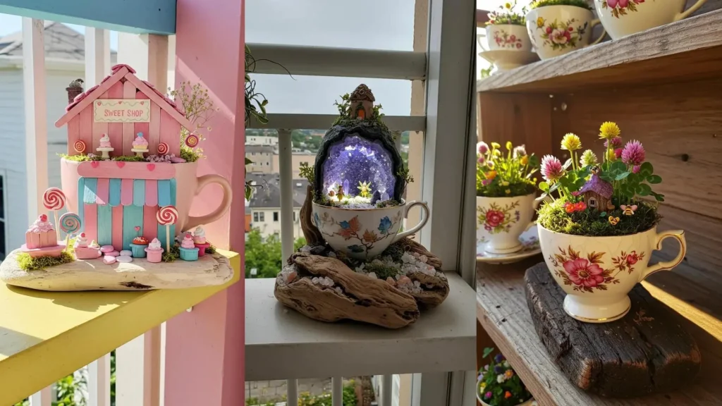 Delightful teacup fairy gardens on weathered driftwood bases displayed on balcony shelves, featuring miniature homes and plants.