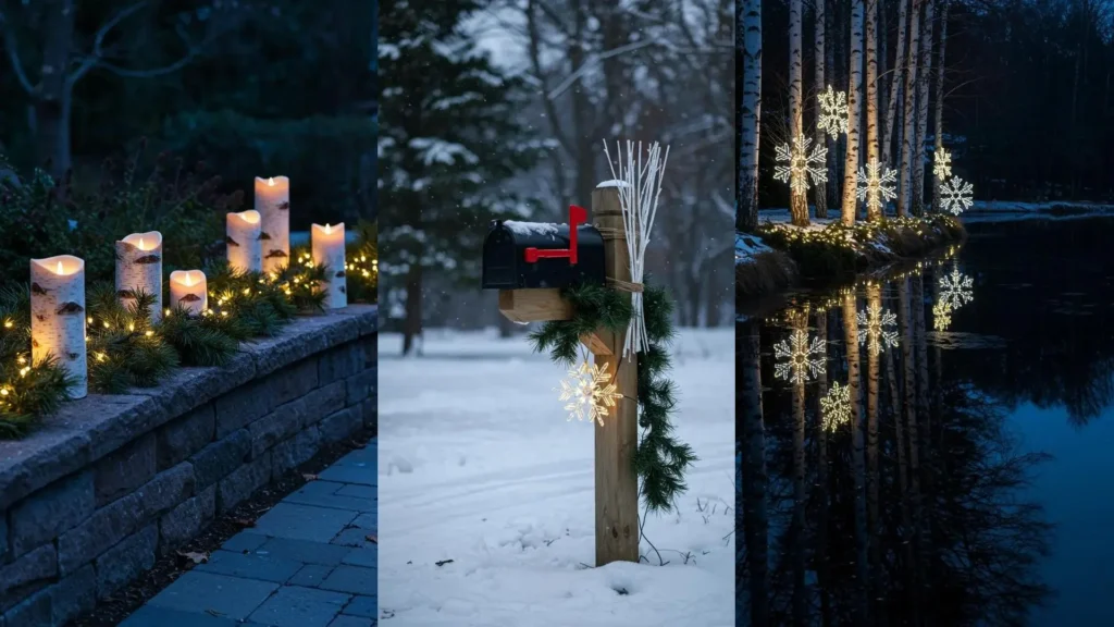Charming outdoor winter vignettes: birch wood candles, pine garland, and bright LED snowflakes in snowy scenes.