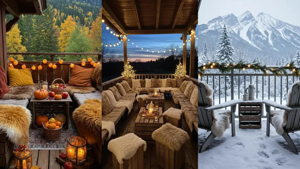 Alpine lodge balconies with faux fur throws, pine crate tables, and string fairy lights, in fall, evening, and snowy settings.