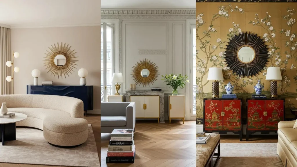 Three Art Deco revival living rooms featuring glossy lacquer cabinets, elegant sunburst mirrors, and stylish decor.