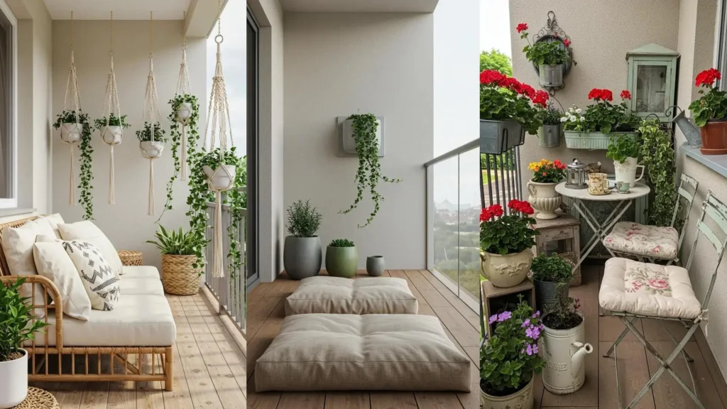Three bohemian balcony garden looks featuring hanging ivy, colorful pots, and patterned cushions for urban decor.