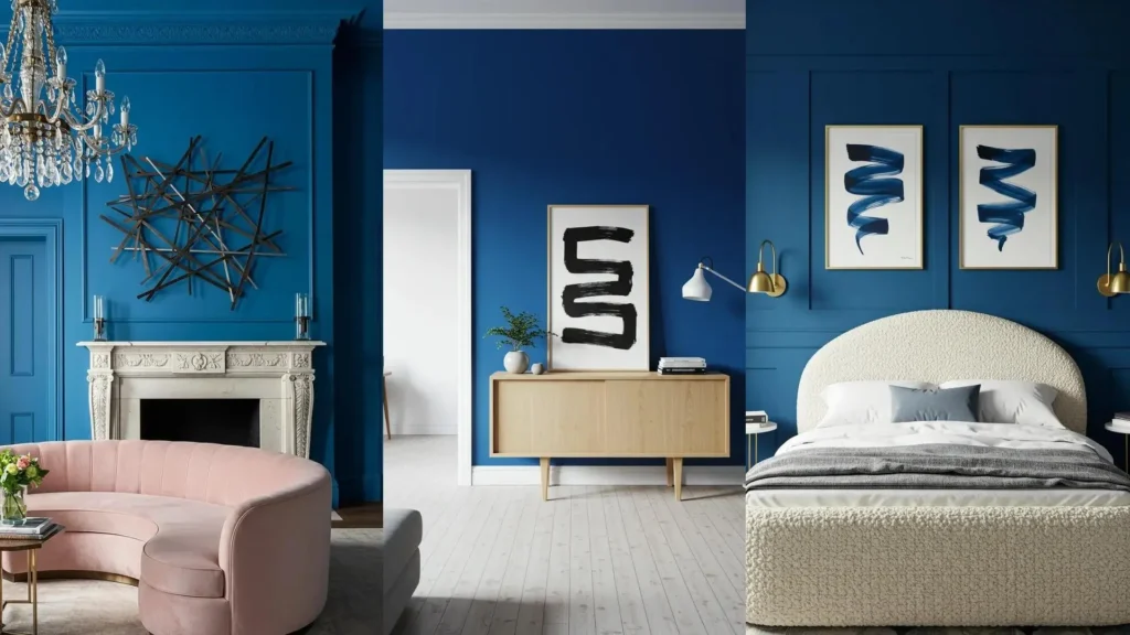 Three bold interiors showcasing cobalt blue walls, unique graphic art, and statement furniture including a pink sofa.