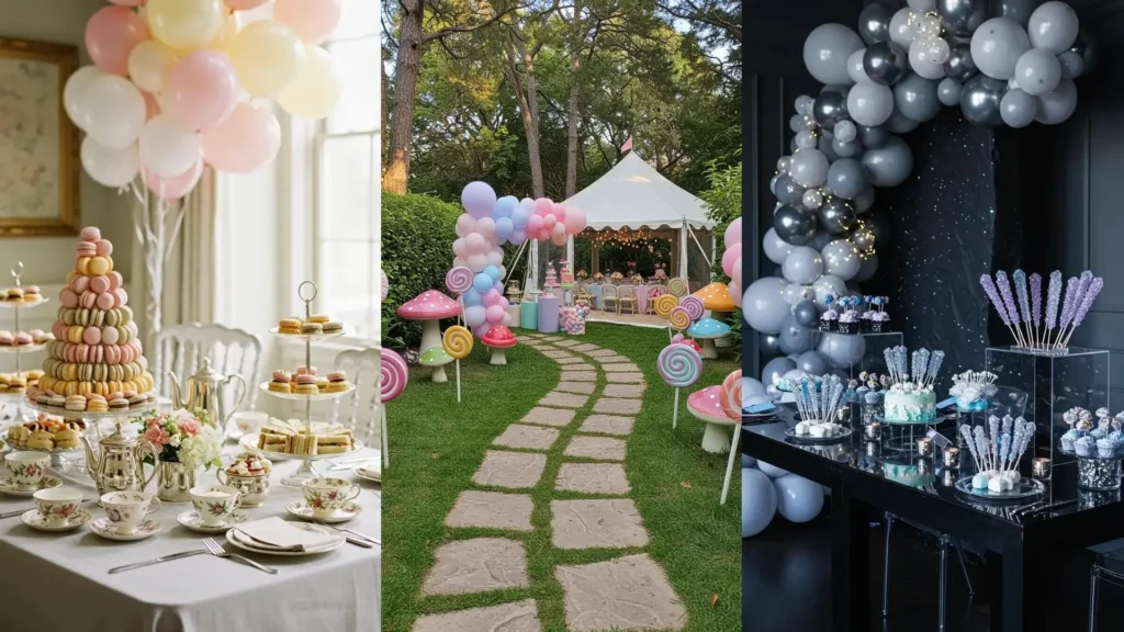 Candy-coated brunch party decor with pastel balloon clusters, colorful sweet treats, and elegant table settings.