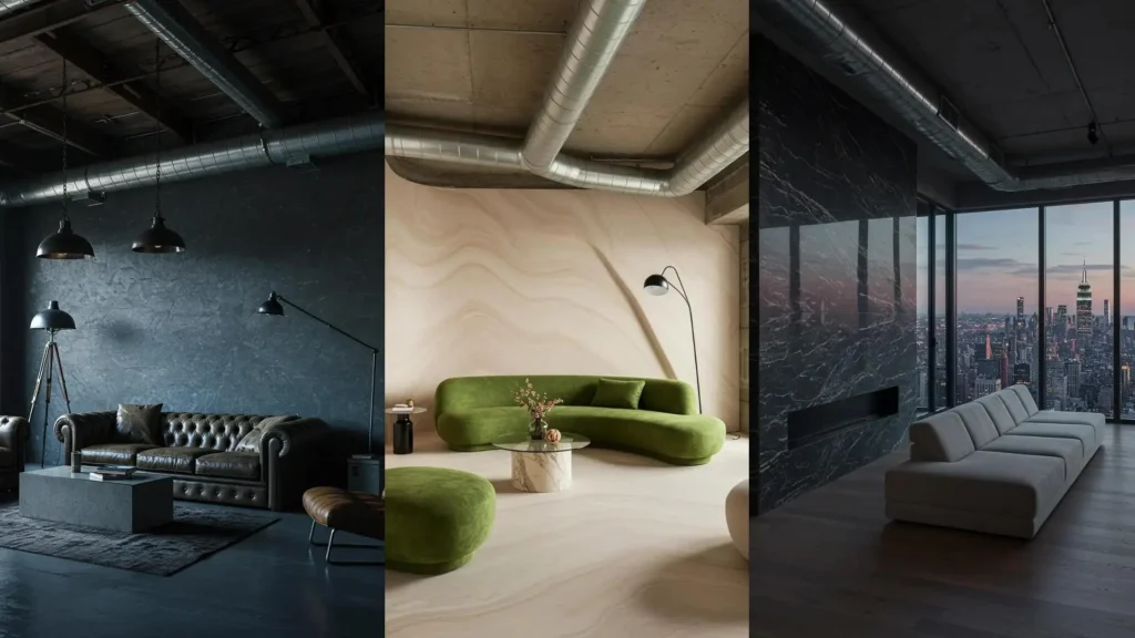 Clean, minimalist loft living rooms with exposed ductwork and elegant decor, including a sleek black marble accent wall.