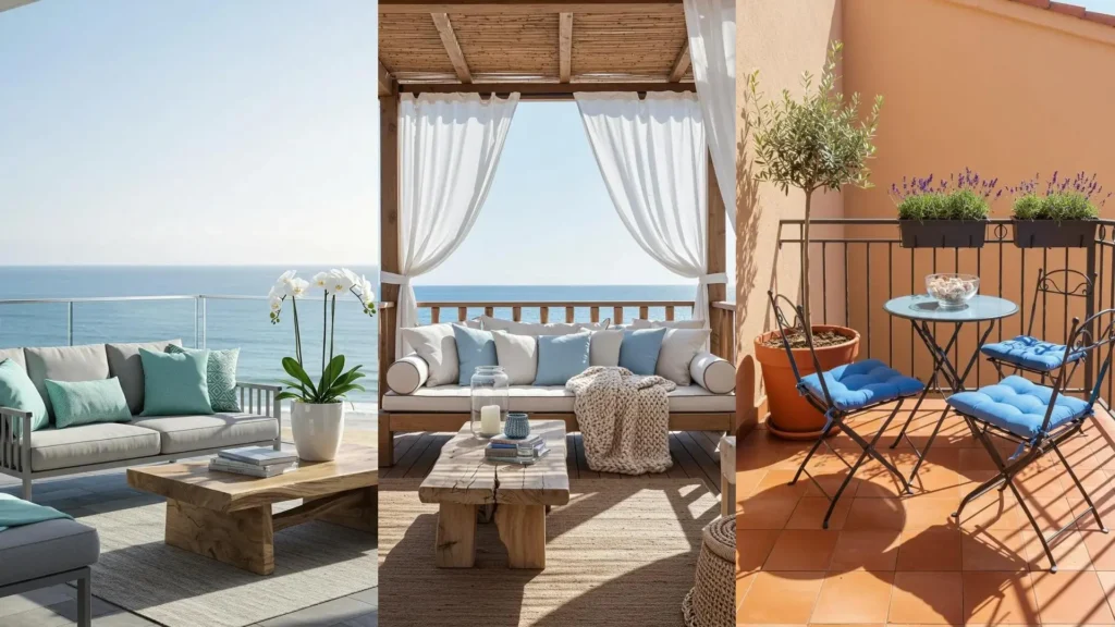 Coastal balconies with soft blue cushions, driftwood tables, and ocean views, some with seashell accents.
