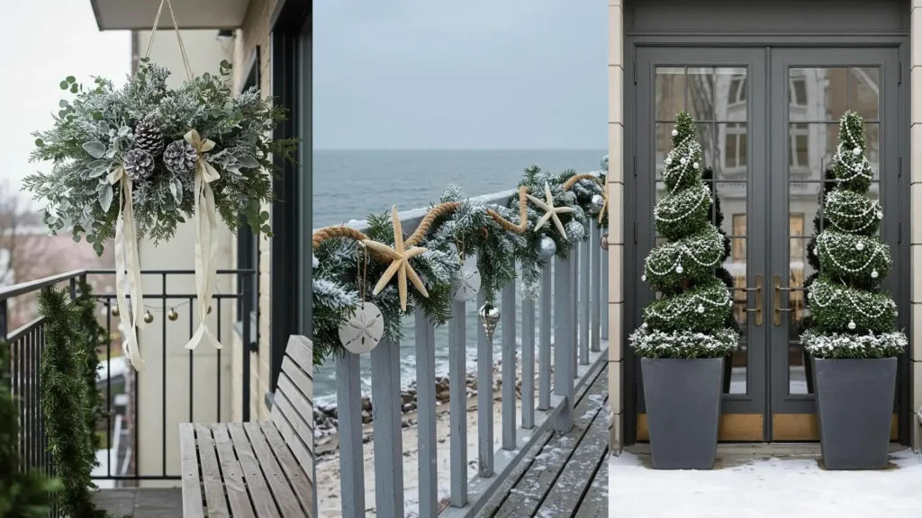 Elegant balcony holiday displays featuring snow-dusted foliage and silver ornaments.
