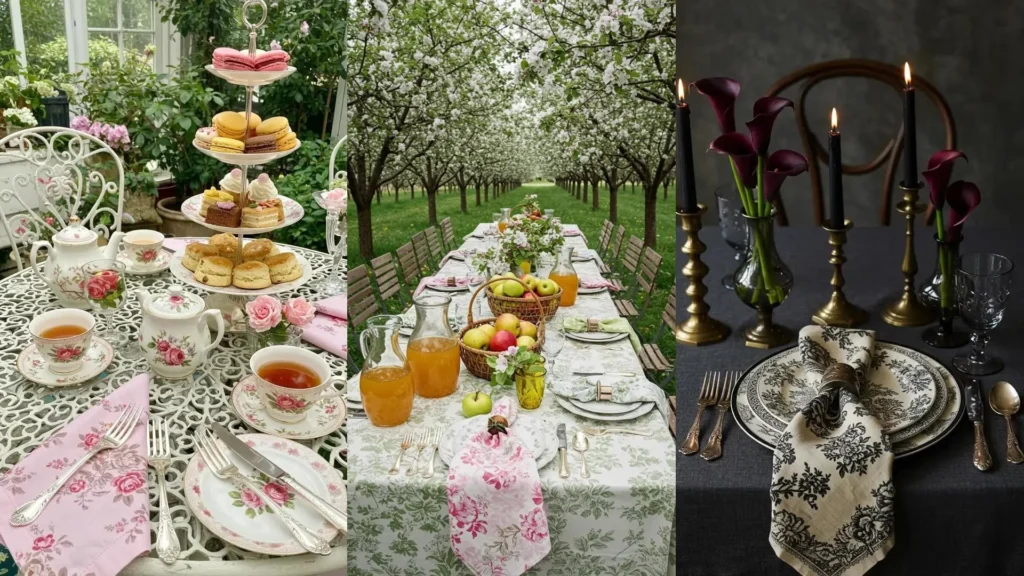 French country table decor with black toile napkin, vintage silverware, and elegant dark calla lily centerpiece.