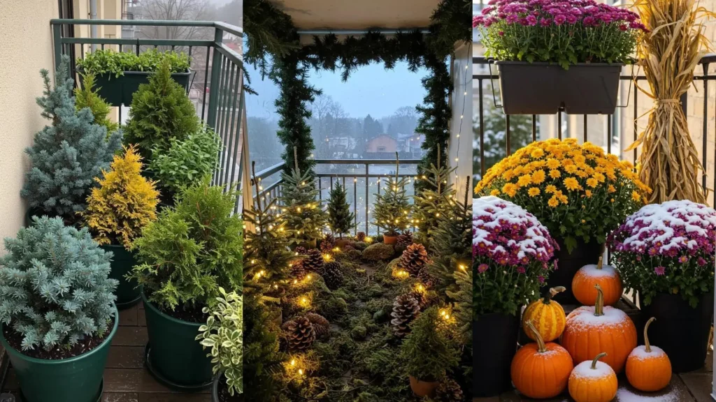 Snowy balcony displays featuring frost-proof evergreens, colorful flowers, pumpkins, and pinecones for winter textures.