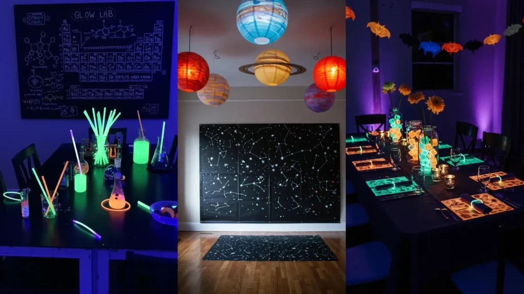 Fun glow-in-the-dark DIY party decorations for kids, with glowing sticks, planets, and table settings.
