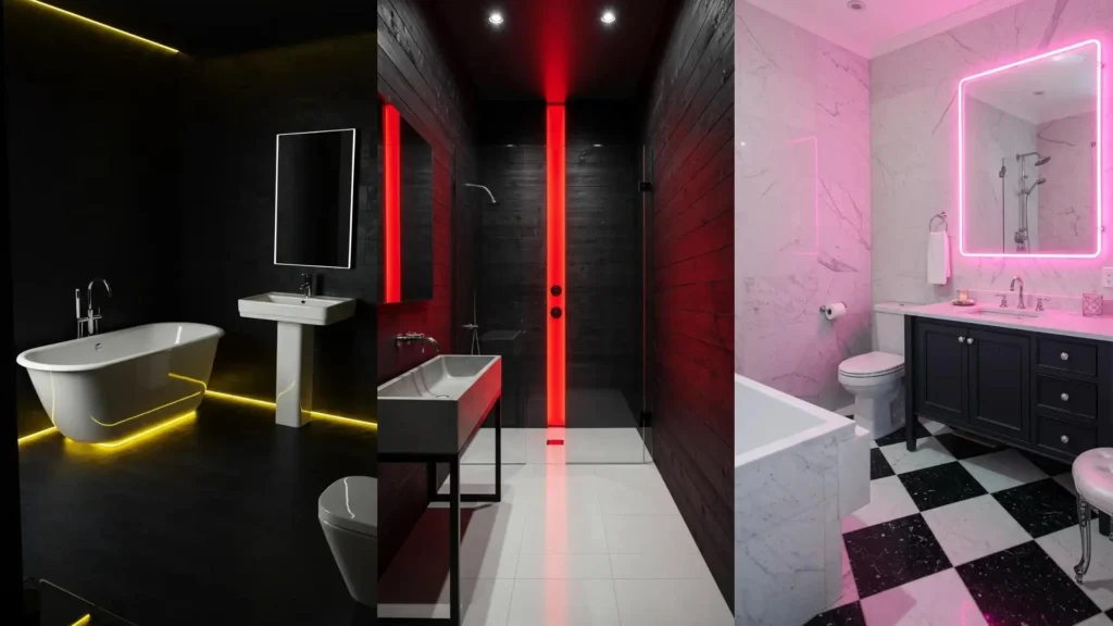 High-contrast bathrooms featuring matte black walls, glossy white fixtures, and vibrant neon accents like yellow, red, and pink lighting.