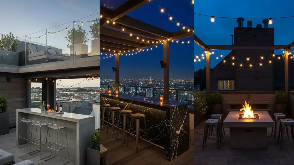 Industrial-chic terrace designs featuring sleek counters, metal stools, and warm Edison string lights for stylish outdoor living.