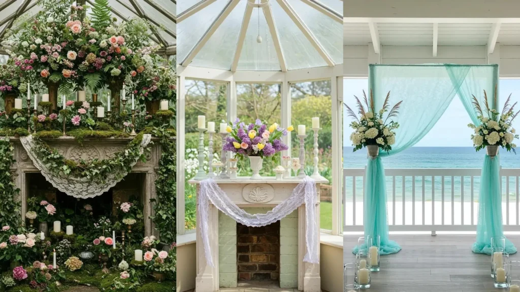Elegant wedding mantelpiece decorated with pink and white flowers, green ivy, white lace drape, and candles in candelabras.