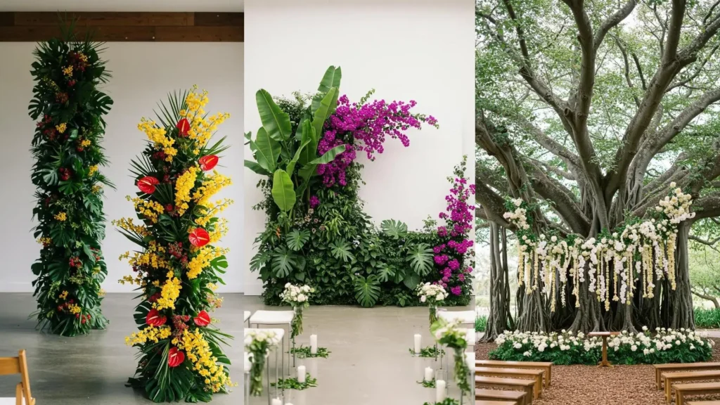 Three examples of luxe tropical wedding floral installations with palm leaves and exotic blooms like orchids and bougainvillea.