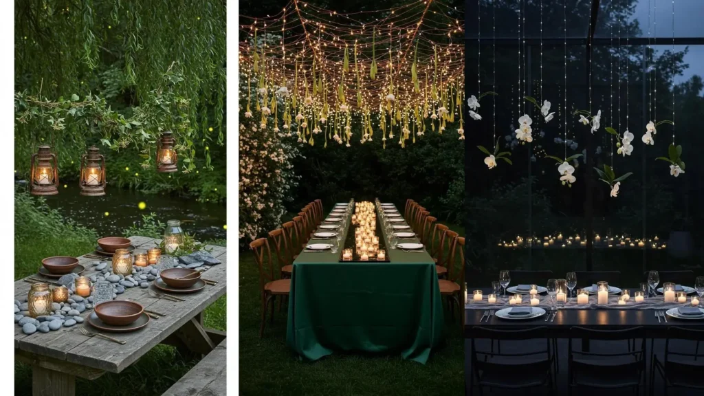 Midsummer night tablescapes with romantic hanging florals, flickering candles, and natural woodland accents for elegant party styling.