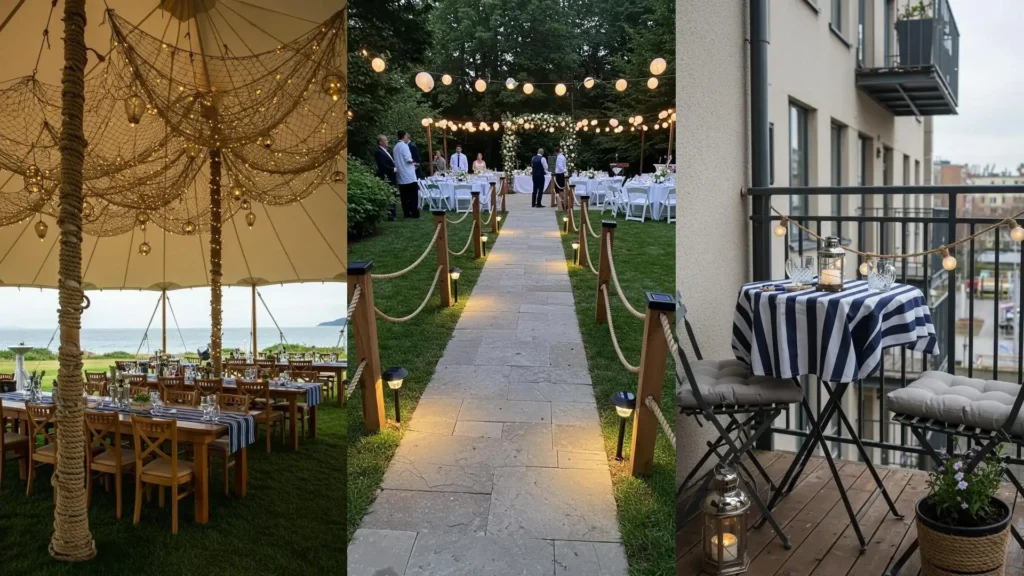 Nautical summer party decor featuring rope accents, striped linens, and seaside views, perfect for a festive gathering.