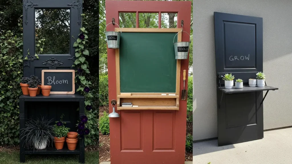 Outdoor DIY ideas featuring old doors transformed into a folding potting station with a chalkboard organizer.