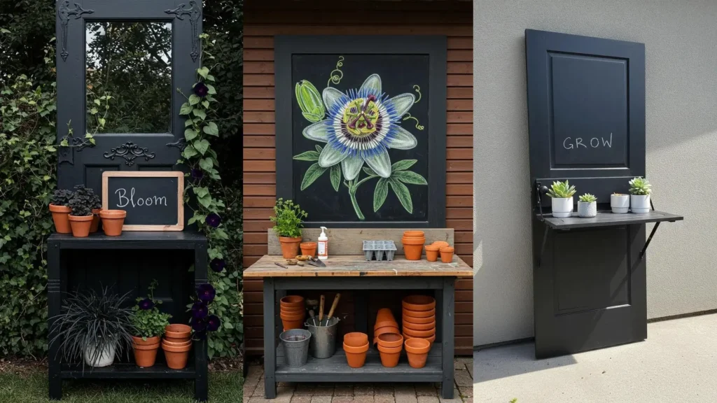 Creative examples of old doors upcycled into outdoor potting stations with chalkboard organizers, plants, and gardening tools.