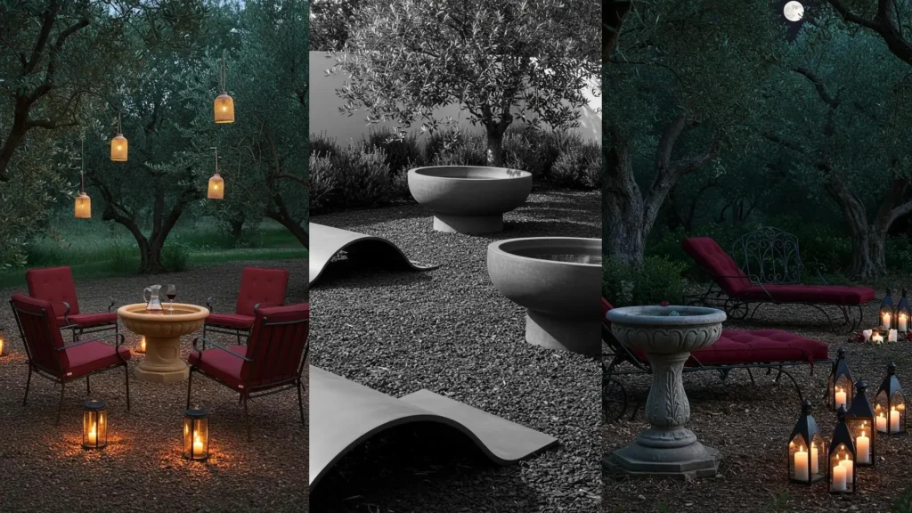 Ornamental stone birdbaths & curved metal loungers in an olive grove garden, illuminated by lanterns at dusk.
