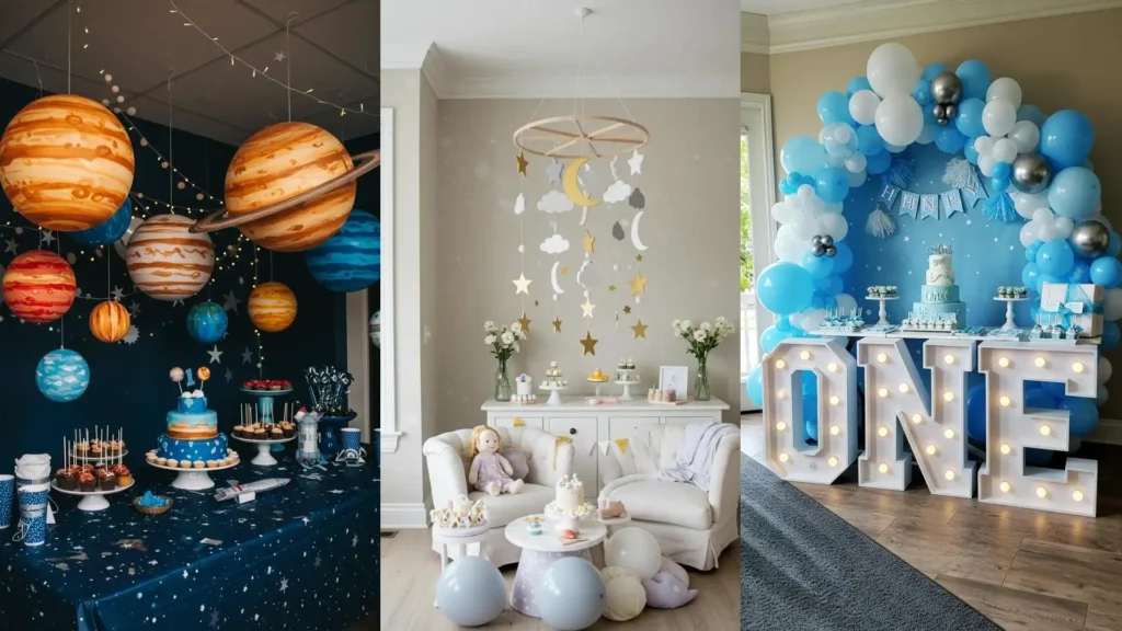 Vibrant painted planet props adding custom flair to a fun space-themed birthday party scene with desserts.