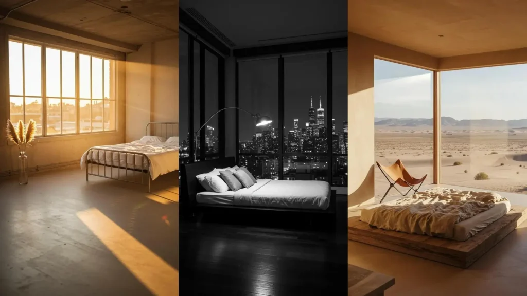Three romantic minimalist loft bedrooms with floor-to-ceiling windows and simple beds, offering diverse views.