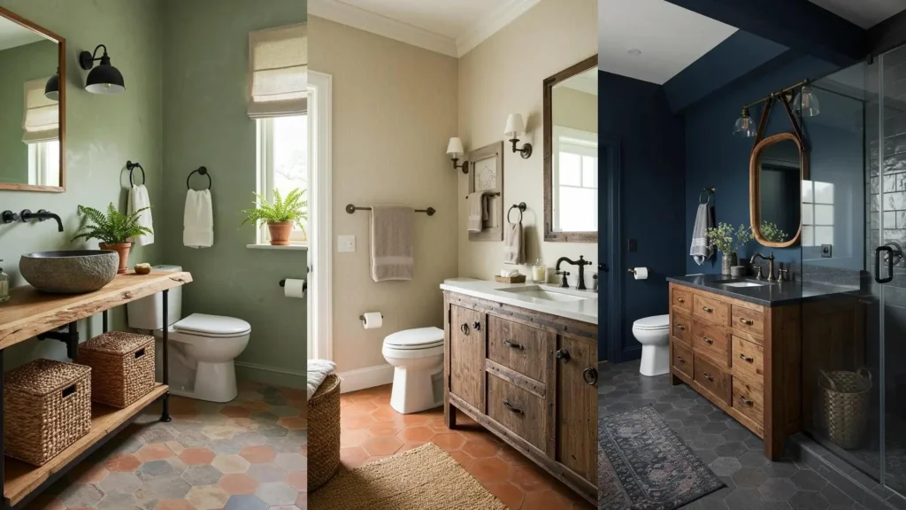 Three rustic-chic bathrooms featuring barnwood vanities, hexagon tiles, and stylish iron fixtures.