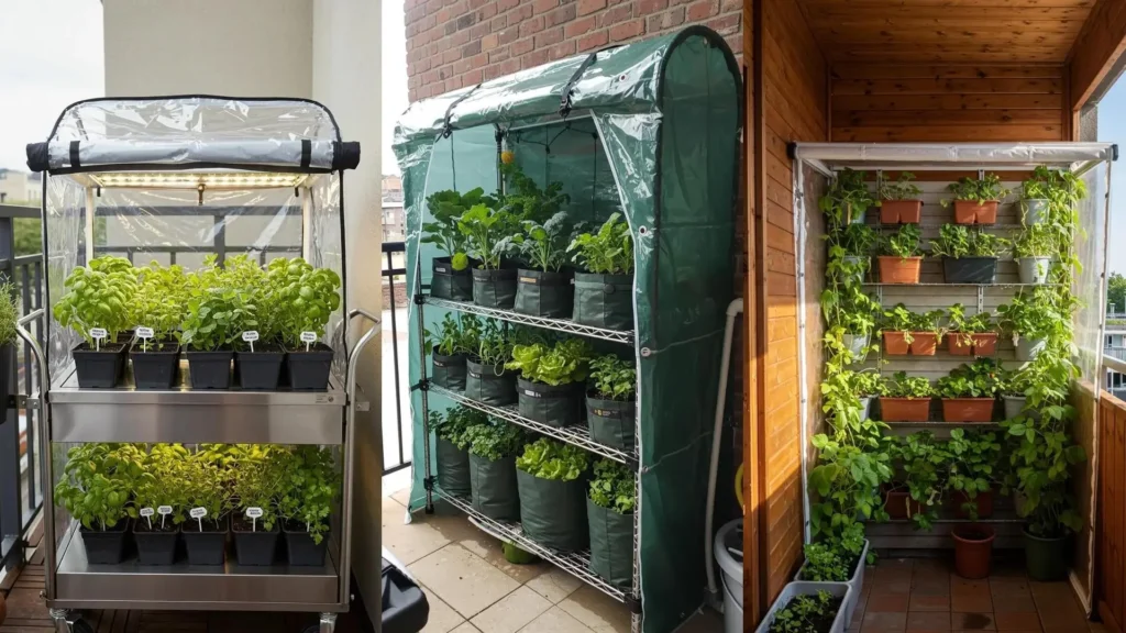 Various small space balcony greenhouses with mini propagation shelves and roll-up clear curtains for plants.