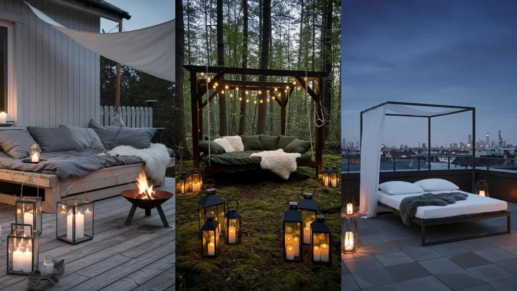 Diverse patio bedding designs with canopy, sheepskin throws, and lanterns creating cozy outdoor spaces under starlit skies.