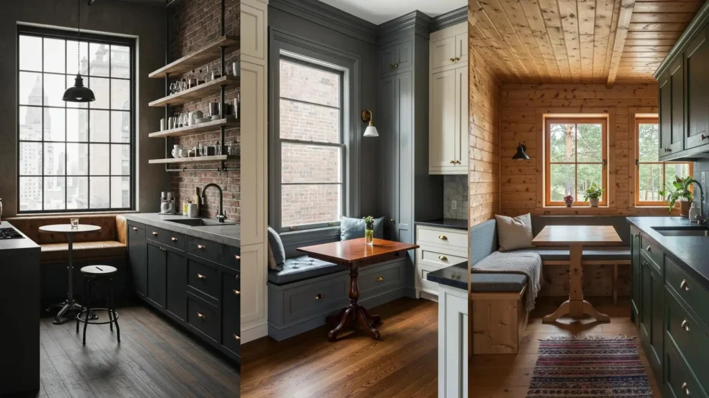 Three stylish small eat-in kitchen layouts with cozy window seats and minimal tables.