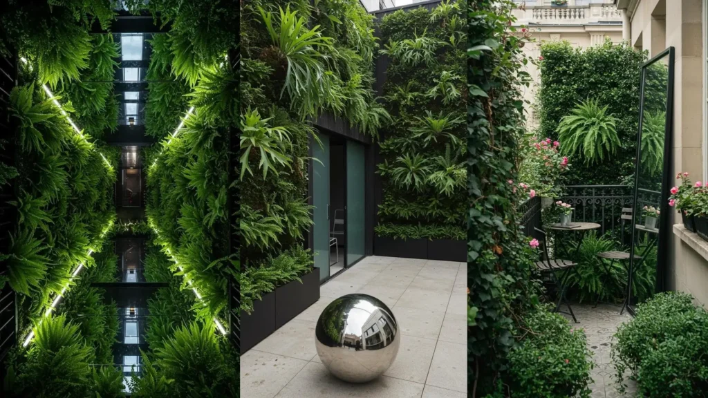 Reflective decor and fern walls in tranquil urban garden spaces, including a cozy, green hidden corner.