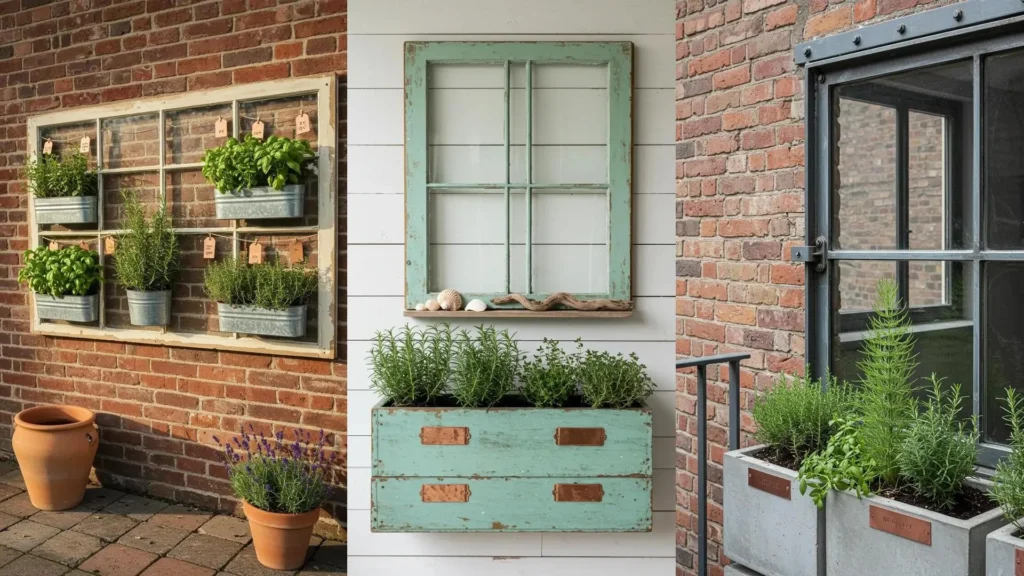 Outdoor DIY: vintage window frame vertical herb garden and distressed wood herb box with copper labels.