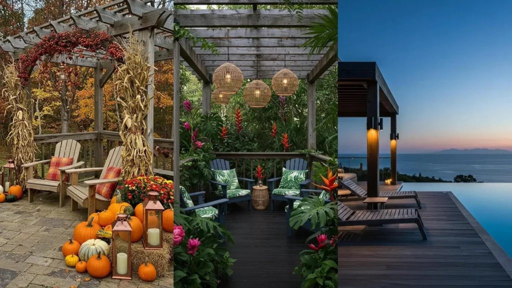 Weathered cedar Adirondack chairs beneath a pergola, accented by lanterns and autumn decor.