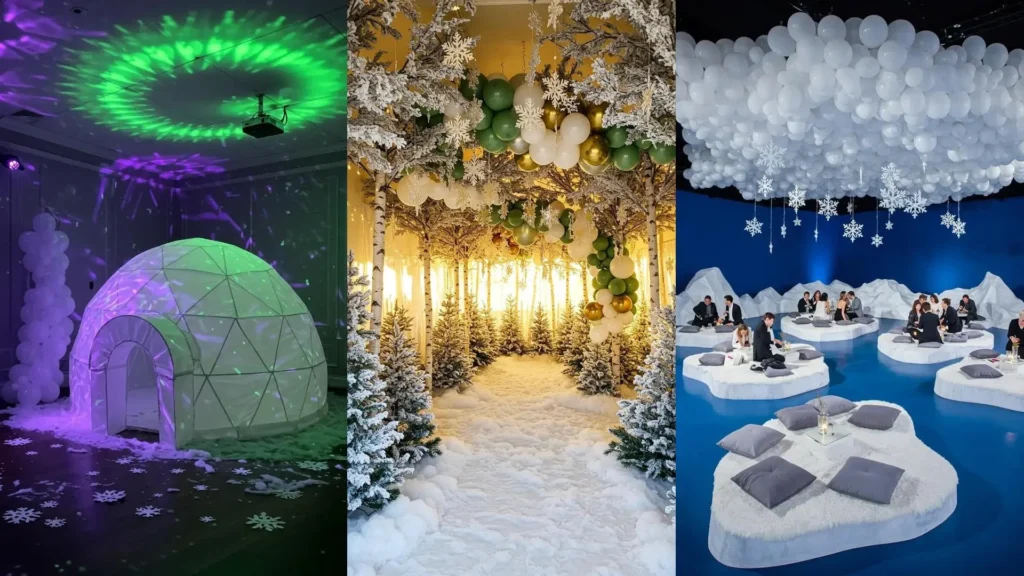 Stunning arctic polar party decor with snowflake garlands, icy balloon displays, snowy trees, and an igloo.