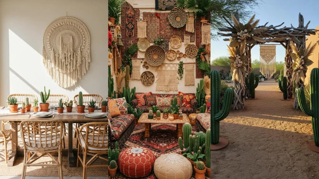 Bohemian desert oasis decor showcasing macrame woven wall hangings, various cactus props, and earthy textures.