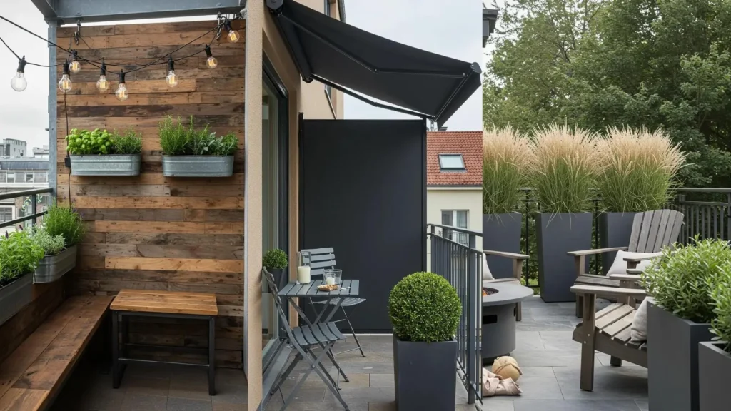 Chic balcony designs with various privacy screens: a rustic wood paneled wall, a retractable black panel, and tall grass planters.