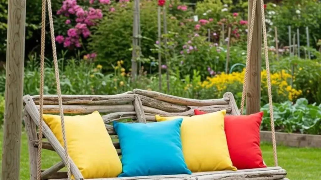 Coastal driftwood swing bench with colorful cushions, rope-tied to wooden pillars in a garden.