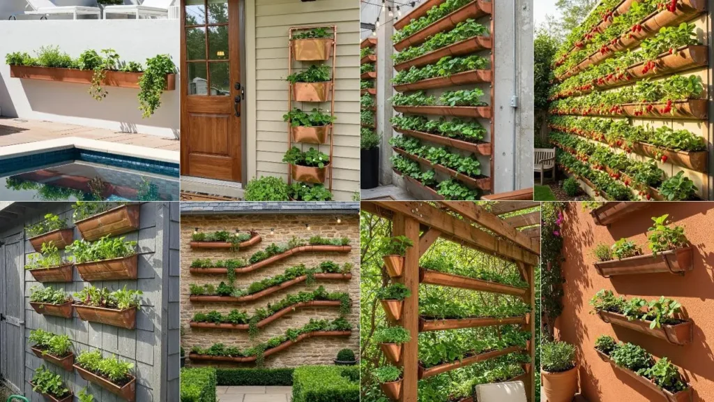 Beautiful copper gutter vertical planters displaying strawberries and mini-greens in outdoor settings.