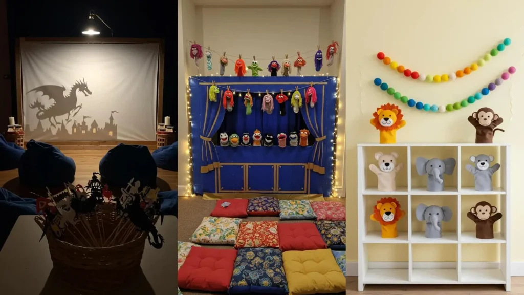 Various DIY puppet character crafts, including shadow puppets, sock puppets, and animal hand puppets, decorating kids' party spaces.