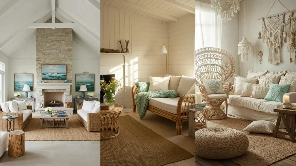 Sunlit coastal living rooms with rattan furniture and seafoam green accents for a dreamy beach house feel.