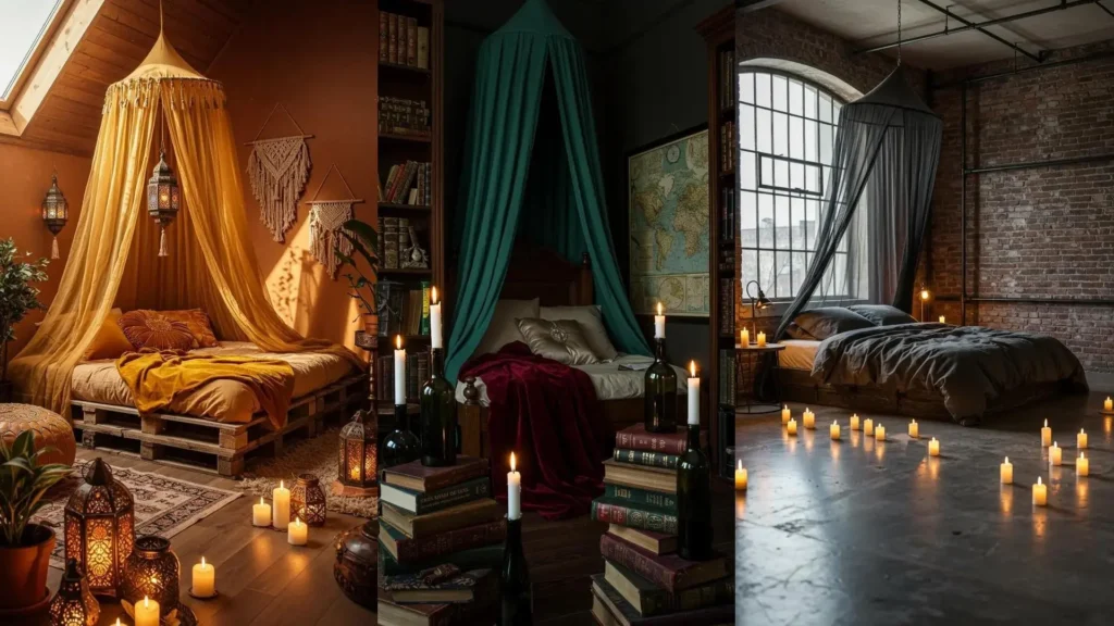 Enchanting candlelit bedroom retreats with sheer canopies and cozy velvet throws for a serene ambiance.