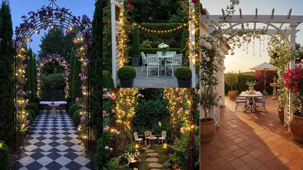 Beautiful garden arches & patio entrances with climbing roses and twinkling fairy lights for charming outdoor decor.